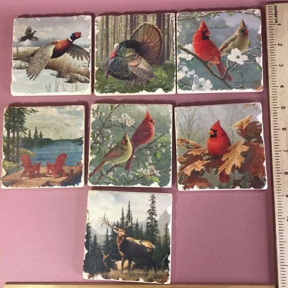 NWOT VTG Set Of 7 Tumbled Tile Cardinals,Lakeside Dock,Pheasant,Turkey, Deer